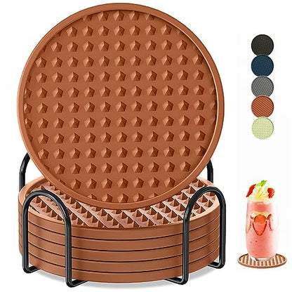 Coasters for Drinks 6 Pack Drinking Plastic Coaster with Holder,Heat Resistant Silicone Cup Mat Tabletop Protection,Non-Slip Rubber Coasters for Kinds of Cups (Brown) - color: Brown-metal Holder