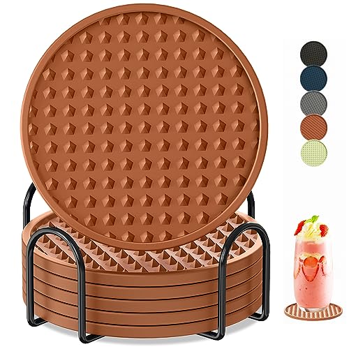 Coasters for Drinks 6 Pack Drinking Plastic Coaster with Holder,Heat Resistant Silicone Cup Mat Tabletop Protection,Non-Slip Rubber Coasters for Kinds of Cups (Brown) - color: Brown-metal Holder
