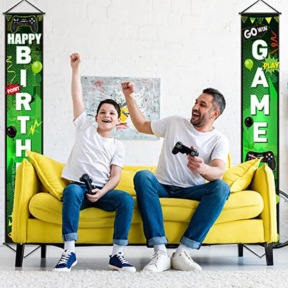 Blulu Game On Birthday Banner - Video Game Party Decorations, Controller Door Sign, Happy Backdrop, Gamer Party Background, Block Night Decoration