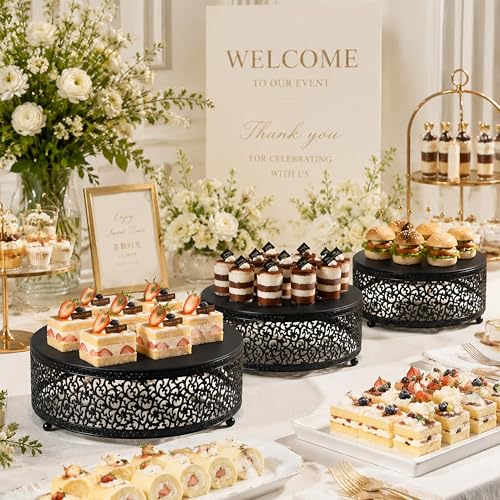 3-Piece Metal Cake Stand Set, Round Buffet Risers (8 to 12 Inch) – Sturdy Dessert Cupcake Pastry Candy Plate Stands for Wedding, Birthday Party & Event (3P-Matte Black) - color: Matte black, size: 3P-Round(8IN to 12 IN)