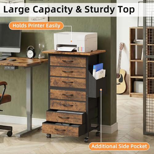 HIGDBFE 7 Fabric Drawers File Cabinet with Side Pocket, Rolling Printer Stand with Storage for Home Office, Wood Top Storage Cabinet for Documents and Crafts, Rustic Brown, 15" D - size: 15"D (7 Drawers)
