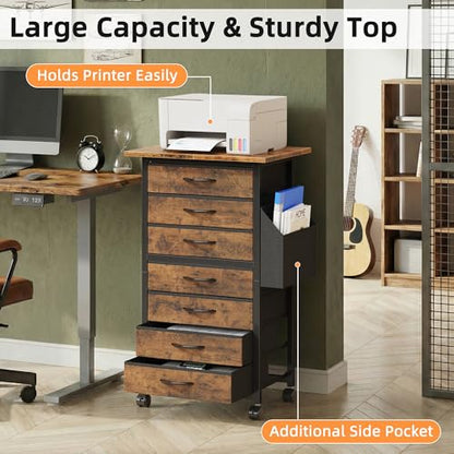 HIGDBFE 7 Fabric Drawers File Cabinet with Side Pocket, Rolling Printer Stand with Storage for Home Office, Wood Top Storage Cabinet for Documents and Crafts, Rustic Brown, 15" D - size: 15"D (7 Drawers)