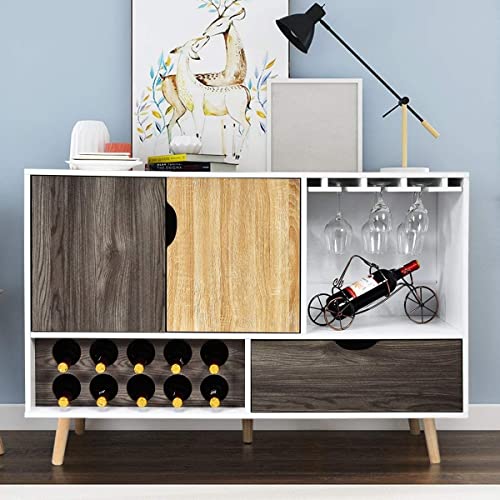LUARANE Modern Buffet Sideboard, Wooden Kitchen Cupboard with 10 Bottle Wine Rack 3-Row Glass Holder Storage Shelves Drawer, Console Table for Dinging Room Living Room, White & Wood