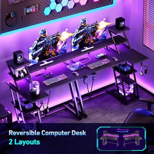 Korfile 47 Inch Gaming Desk with LED Lights & Power Outlet, L Shaped Computer Desk with Storage Shelves, Gamer Workstations with Monitor Stand for Bedroom, Carbon Fiber Black - size: 47 Inches