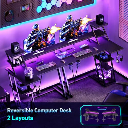 Korfile 47 Inch Gaming Desk with LED Lights & Power Outlet, L Shaped Computer Desk with Storage Shelves, Gamer Workstations with Monitor Stand for Bedroom, Carbon Fiber Black - size: 47 Inches