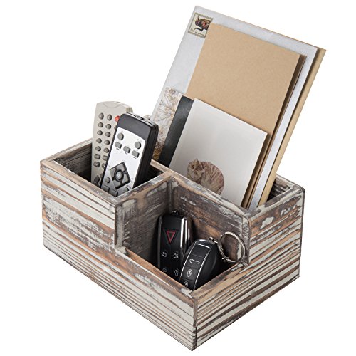 MyGift TV Remote Control Holder, Wood Desktop Office Stationery Organizer Tray with 3 Compartment, Multipuprose Caddy Organizer and Media Storage, Rustic Torched - color: Rustic Torched