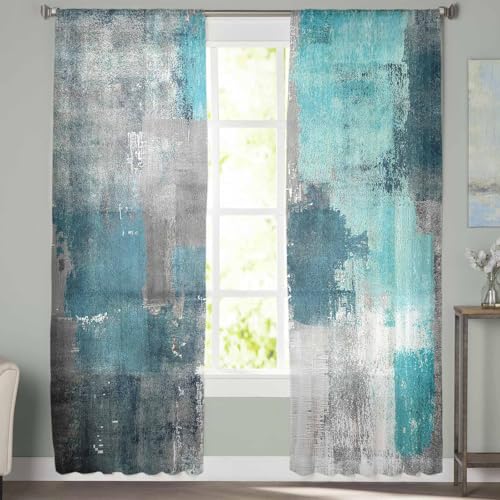 Turquoise Blue Grey Sheer Curtains 72 Inch Length 2 Panels Set for Living Room/Bedroom, Teal Abstract Art Painting Semi Curtain Sheers Drapes Rod Pocket Curtains Window Treatment Set - color: Abstract Painting, size: 52"W x 72"L (Pack of 2)