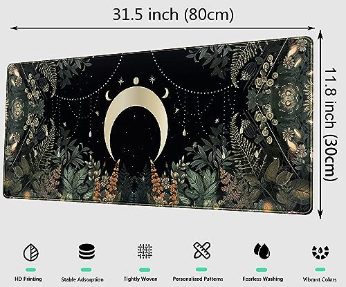 Cute Green Forest Leaves Desk Mat Whimsical Moon Mousepad XL Large Extended Gaming Mouse Pad with Stitched Edges, Computer Laptop Keyboard Mouse Mat Desk Pad 31.5x11.8 in Non-Slip Rubber Base - color: Green Forest Whimsical Moon, size: 31.5" x 11.8"