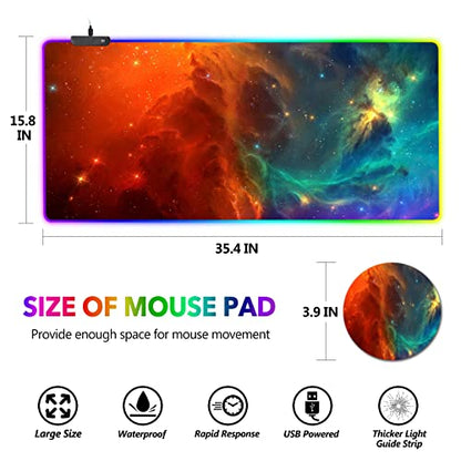 AIMSA Large RGB Gaming Mouse Pad, Keyboard Mousepad Led Extended 35.4 x 15.8 inch Non-Slip Rubber Base with 14 Lighting Modes, Big Desk Mat Waterproof, Galaxy Nebula - color: Galaxy Nebula