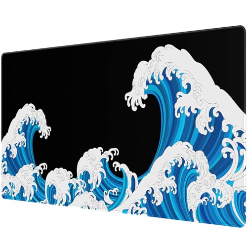 Large Mouse Pad Desk Mat 900 x 400 x 3mm Cool Sea Texture Non-Slip Rubber Base Mousepad Stitched Edges Keyboard Mat for Office Home Game - Black and White Sea Wave - color: White-black