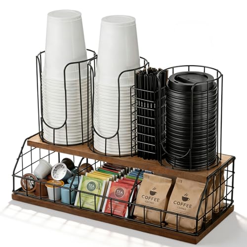 Geelin 18oz Adjustable Coffee Cup Dispenser with Wooden Base, Cup and Lid Holder, Cups Holder Organizer for Coffee Pod Straw and Lid Storage(4-compartment Double,Color 1) - color: Color 1, style: 4-Compartment Double