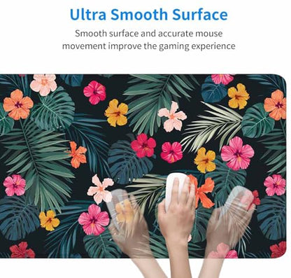 Gaming Mouse Pad, Large Mouse Pads for Desk, Non-Slip Rubber Base Mousepad, Keyboard Mouse Mat, Desk Pad with Stitched Edges, 31.5x11.8 inch Hibiscus Flowers and Palm Leaves - color: Hibiscus Flowers and Palm Leaves, size: 31.5" x 11.8"