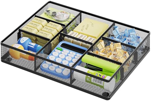 Marbrasse Desk Drawer Organizer, Metal Mesh Drawer Organizer Tray with 5 Adjustable Compartments,Desk Organizers and Accessories for Home,Office,Kitchen,Makeup,Vanity (Black) - color: Black