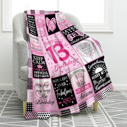 Jekeno Girls 13th Birthday Gifts Blanket Kids Teens 13 Year Old Birthday Gift Happy 13th Birthday 13 Yr Old Child Christmas Halloween Presents Niece Daughters Boys Party Decor Throw Blanket 60"x80" - color: Pink Black, size: 60"x80"