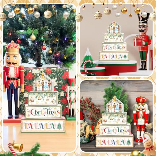 Britimes 4 Pcs Christmas Nutcracker Table Decor Christmas Tiered Tray Decorations Set Nutcracker Stack Block Signs Gift Rustic Farmhouse Tabletop Decor for Table & Home Office - style: Christmas Nutcracker