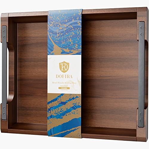 Acacia Wood Serving Tray with Metal Handles, 17x13in Food Drinks Tray for Coffee Table, Breakfast, Dinner & Bar, Rustic Decorative Storage Tray for Ottoman, Kitchen, Elegent Box for Gift - color: Black Handle 01, size: 17" x 13" x 2"