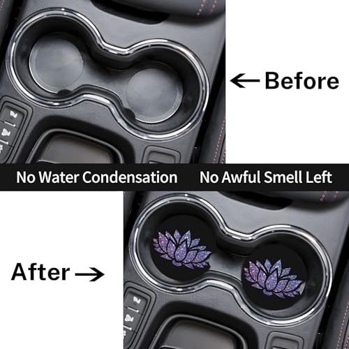 Colorful Lotus Car Cup Holder Coasters 2 Pack Universal 2.63 Inch Anti Slip Ceramic Absorbent Coaster with Cork Base and Finger Notch Cute Car Accessories Interior for Women - color: Purple