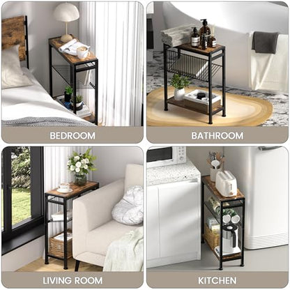 Small Side Table for Small Space, 3-Tier Narrow End Table with Magazine Holder,Slim Nightstand, Skinny Snack Couch Table in Living Room, Bedroom Study and Balcony (Rustic Brown &Black) - color: Rustic Brown