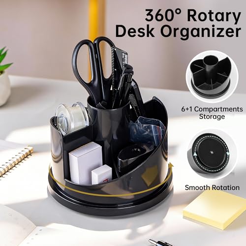 deli Office Supplies Set, 1045 Pcs-Desk Accessory Organizer Kit, Stapler Set, Rotating Multi-Functional Pen Holder, Tape Dispenser, Pens, Binder Clips, Sharpener, Scissor, Eraser, Black - color: Black
