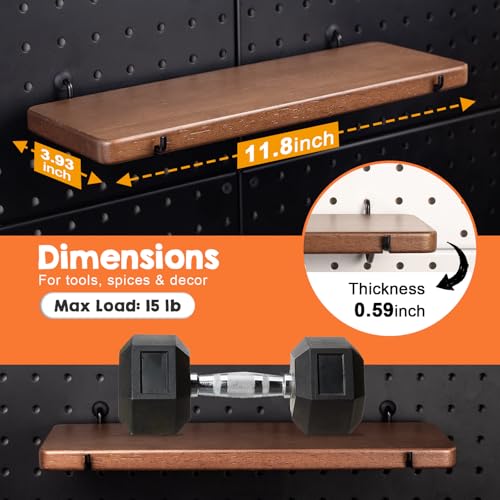2 Pcs Walnut Finish Wooden Pegboard Shelf for 1/4" Metal Pegboard | Hardwood, High Balance No Tilt, Natural texture, Pegboard Accessories for Craft Room Home Garage Workbench