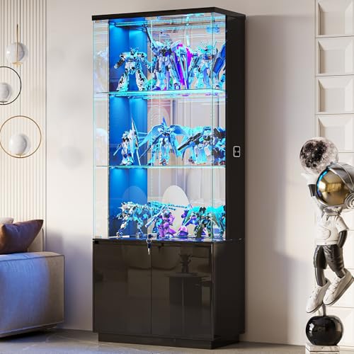 Lvifur 71” Tall Display Cabinet with Glass Doors, Modern Curio Cabinet Display Cases for Collectibles, Living Room Bookcase Locking Cabinet with Lights & Human Body Sensor, Gift for Father (Black) - color: Black-led