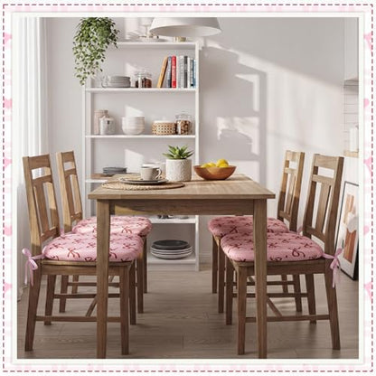 6 Pack Pink Bow Chair Cushions for Dining Chairs 17" x 16" x 2" D-Shaped Breathable Linen Kitchen Chair Pads with Ties Washable Non Slip Seat Cushion for Dining Kitchen Office Indoor - style: Bow