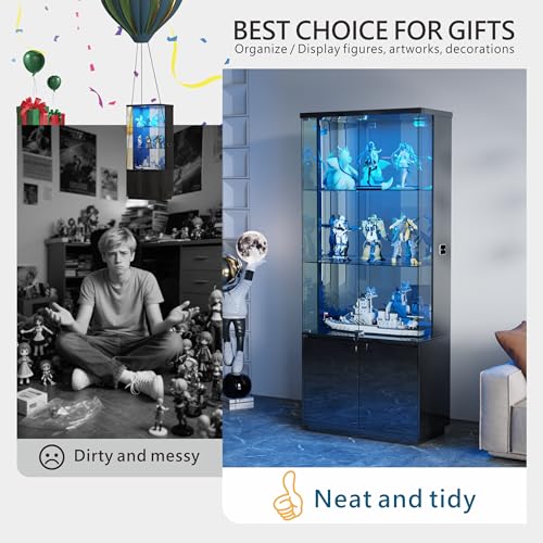 Lvifur 71” Glass Display Cabinet with Lights, Modern Curio Cabinet Display Cases for Collectibles, Locking Cabinet with Shelves & Drawers, Tall Bookcase with Human Body Sensor for Living Room (Black) - color: Black-71"