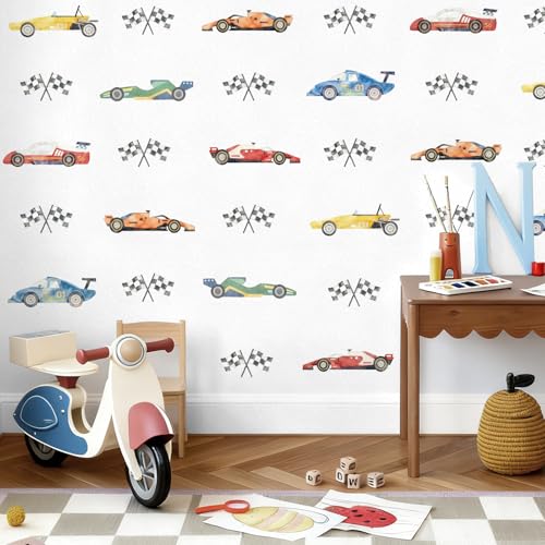 JarThenaAMCS 8 Sheets Race Car Wall Stickers Watercolor Racing Theme Vehicle Flag Wall Decals for Home Nursery Kids Room Bedroom Playroom Classroom Party DIY Decoration, 9.8 x 13.7 inch