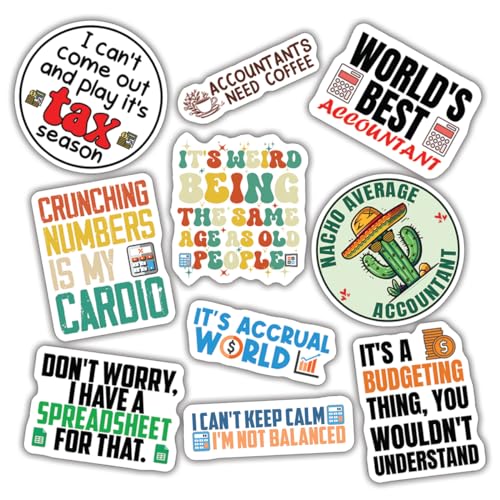 10pcs Accountant Stickers Sheet Funny CPA Gift Tax Season Accounting Spreadsheet Vinyl Decal Multiple Design, Waterproof, UV-Resistant, for Water Bottle, Scrapbook, Laptop, Car (Design 1) - color: Design 1