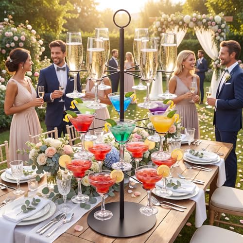 Cocktail Tree Stand for Drinks Wine Champagne Glass Tower for Parties, 3 Tiers 18 Holders Bar Wedding Metal Wine Glass Display Holder for Martinis Margarita Cups(Black,Round Bottom,1 Pcs) - color: Black