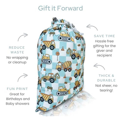 Gather & Knot Drawstring Gift Bags | 20" Large 12" Small | Premium Canvas | Reusable Fabric Wrap for Boys Birthdays, Baby Shower | Construction - color: Construction