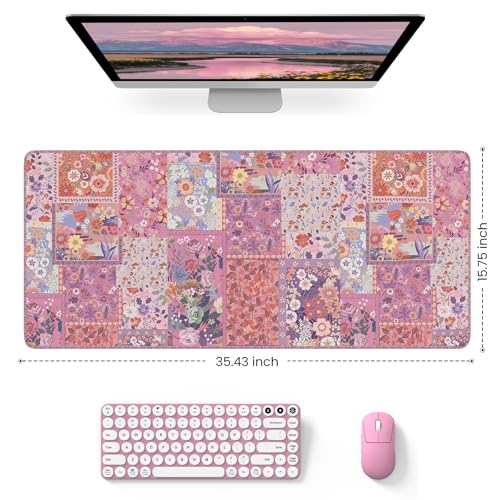 HAOCOO Rose Desk Cover Mat, Cute Floral Keyboard Mat with Stitched Edges, Pink Non-Slip Table Mat Desk Protector for Home Decor, 35.4“ x 15.7" Waterproof Mouse Pad for Office - color: Rose