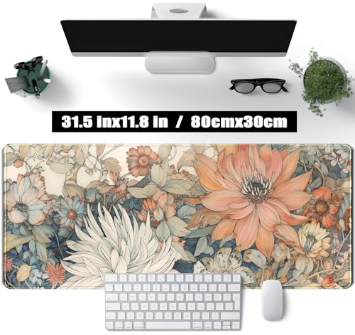 Japanese Minimalist Floral Desk Mat Aesthetic Flowers XL Large Extended Gaming Mouse Pad with Stitched Edges, Big Laptop Computer Keyboard and Mouse Mat for Girl Women Office Decor 31.5x11.8 in - color: Pastel Minimalist Floral