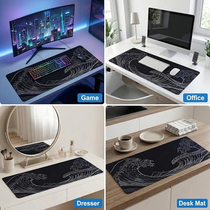 Large Gaming Mouse Pad 31.5x11.8 inch, 3mm Thick Non-Slip Rubber Base with Stitched Edges, Japanese Wave Style Desk Mat for Office, Home, Game