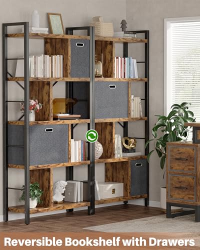 Armocity Bookshelf with Drawers - 5 Tier Tall Bookcase Geometric Modern Book Shelf Display Standing Bookshelves with Storage for Living Room, Bedroom Home Office, Rustic Brown - color: Rustic Brown