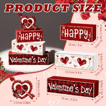 Britimes 4Pcs Valentine’s Day Table Decor Red Happy Valentine’s Day Heart Tiered Tray Decorations Set Rustic Farmhouse Wooden Stack Block Signs Plaid Romantic Tabletop Decor for Table Home Office - style: Cupid of Love Valentine