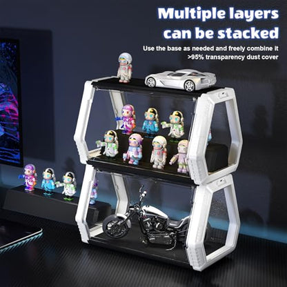 Space Capsule Acrylic Display Case for Collectibles, 2-Tier Anime Figure Display Box with LED Lights & Sound Activated, Magnetic Door, No Assembly, Stackable(Black Step Style, 14.1x8.2x8.2In) - size: Black & White（14.1 x 8.21 x 8.21 inches）