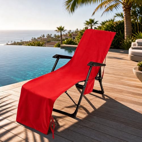 VOCOOL Lounge Chair Beach Towel Cover Microfiber Pool Lounge Chair Cover with Pockets Holidays Red | Quick Dry No Sliding, Beach Chair Towel Cover, Pool Lounge Chair Cover, for Beach Pool Patio Sunbathing Garden Holidays, Red - color: Red