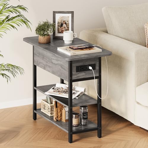 Yoobure End Table with Charging Station, Flip Top Side Table with USB Ports and Outlets, Sofa Couch Table Bedside Table for Living Room Bedroom, Narrow Nightstand with Shelves for Small Space Gray - color: Grey