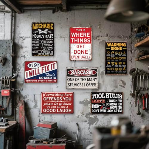 Funny Garage Metal Signs Vintage Man Cave Decor for Men - Retro Car Room Wall Art Posters, Mechanic Shop Signs & Mens Garage Gifts 7 Piece Set (8×12 Inch) - color: GarageSign