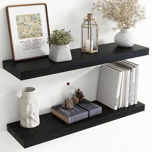 36 Inch Floating Shelves for Wall, 8 Inch Deep Floating Shelf for Storage & Display, Rustic Wall Mounted Shelf with Invisible Brackets for Living Room, Kitchen, Bathroom, Home Decor, Set of 2, Black - color: Black, size: 36 Inch, Set of 2