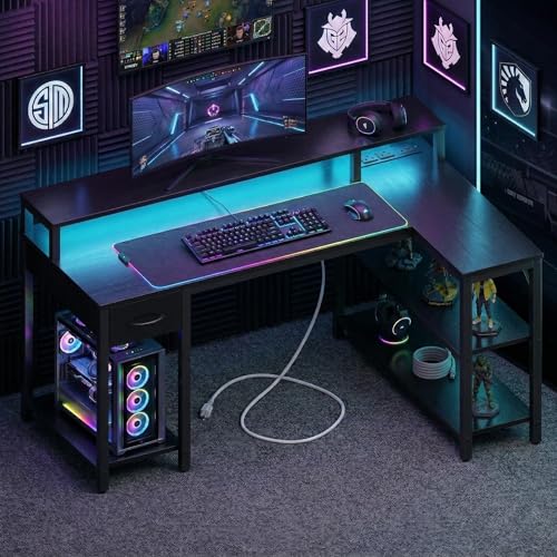 Simple Deluxe 47-inch L-Shaped Gaming Desk with LED Lights & Power Outlets, Reversible Corner Computer Desk with Monitor Riser, Drawer & Shelves, for Home Office, Black - color: Black, size: 47 inch