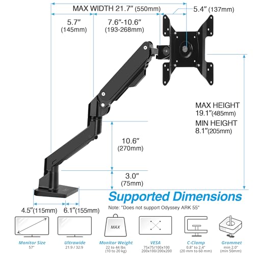 AVLT Single Monitor Arm Desk Mount for 34 to 57 in Screens – Black | – Fits One 44 lb Heavy Duty Monitor – Full Motion Height, Swivel, Tilt, Rotation – VESA 200x200, 200x100, 100x100, 75x75 - color: Black-34 to 57 Inch