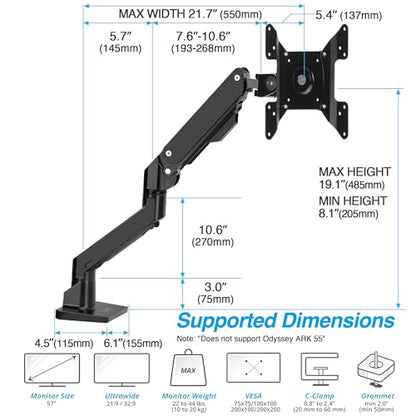 AVLT Single Monitor Arm Desk Mount for 34 to 57 in Screens – Black | – Fits One 44 lb Heavy Duty Monitor – Full Motion Height, Swivel, Tilt, Rotation – VESA 200x200, 200x100, 100x100, 75x75 - color: Black-34 to 57 Inch