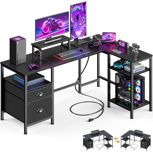 Furologee 50 Inch L Shaped Gaming Desk with Power Outlet, Corner Computer Desk for Home Office, Reversible Work Study Table with File Drawer, Monitor Stand, Storage Shelves, Black - color: Black, size: 50 Inch