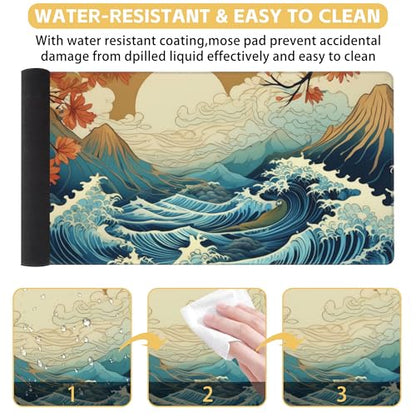 Japanese Waves Desk Mat Large Mouse Pad Gaming Mousepad 31.5 x 15.8 in | Desk Pad for Keyboard and Mouse, Large Non-Slip Rubber Base Mousepad Desk Mat with Stitched Edges for Gaming Office - color: Japanese Waves