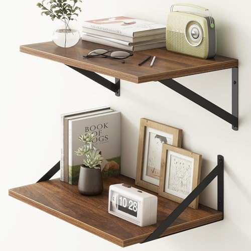 Fun Memories 18" W x12 D Floating Shelves, Farmhouse Wall Shelves Home Decor Shelf, Deep Bathroom Shelf with Bracket, 12 Inch Deep Wall Shelves for Living Room, Kitchen, Bedroom, Walnut, Set of 2 - color: Walnut, size: 18"W x 12"D