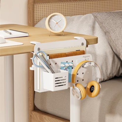 PEGZONE Desk Side Storage Organizer, No Drill Under Desk Laptop Holder, Clamp on Desks Shelf with Pegboard Accessories, Hanging Laptop Mount, Fits Flat Edge 0.4" to 2.2", White - color: White