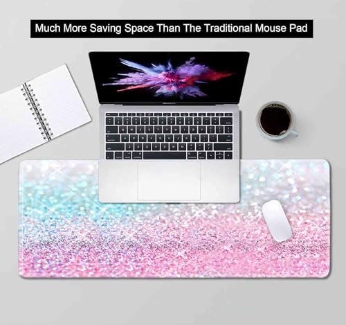 Gradient Glitter Large Mouse Pad, Pink Blue Sparkle Desk Pad, Pastel Cute Writing Desk Mat, Non-Slip Rubber Long Mousepad for Laptop Computer Gamer Home&Office, 31.5x11.8 in - color: Gradient Glitter