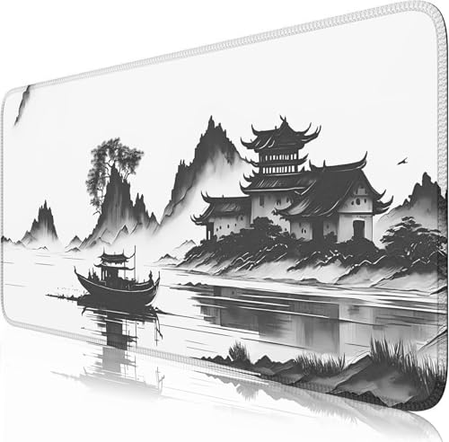 Chinoiserie Mouse Pad Black White Large Ink Painting Desk Mat Landscape XXL Large Gaming Mouse Mat for Office,Computer,Keyboard,Laptop and Home Desk Mat 31.5 X 15.7inch - color: A7- Ink